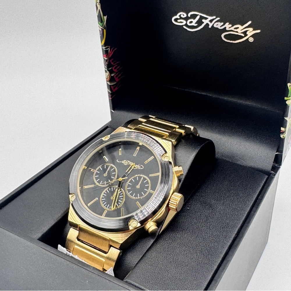 Ed Hardy Men’s Gold Chrono Style Watch Black Dial Tattoo Y2K Gold Tone 46mm